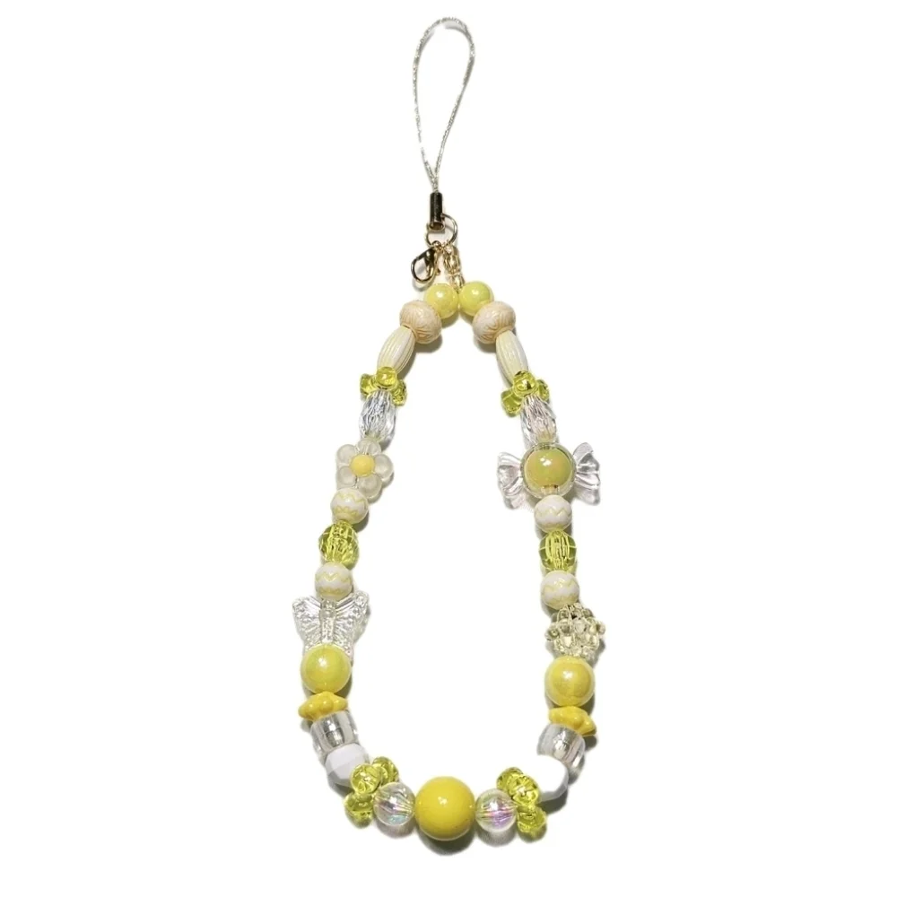 Cute Pastel Yellow White Iridescent Girly Dainty Beaded Phone Charm Wrist Strap